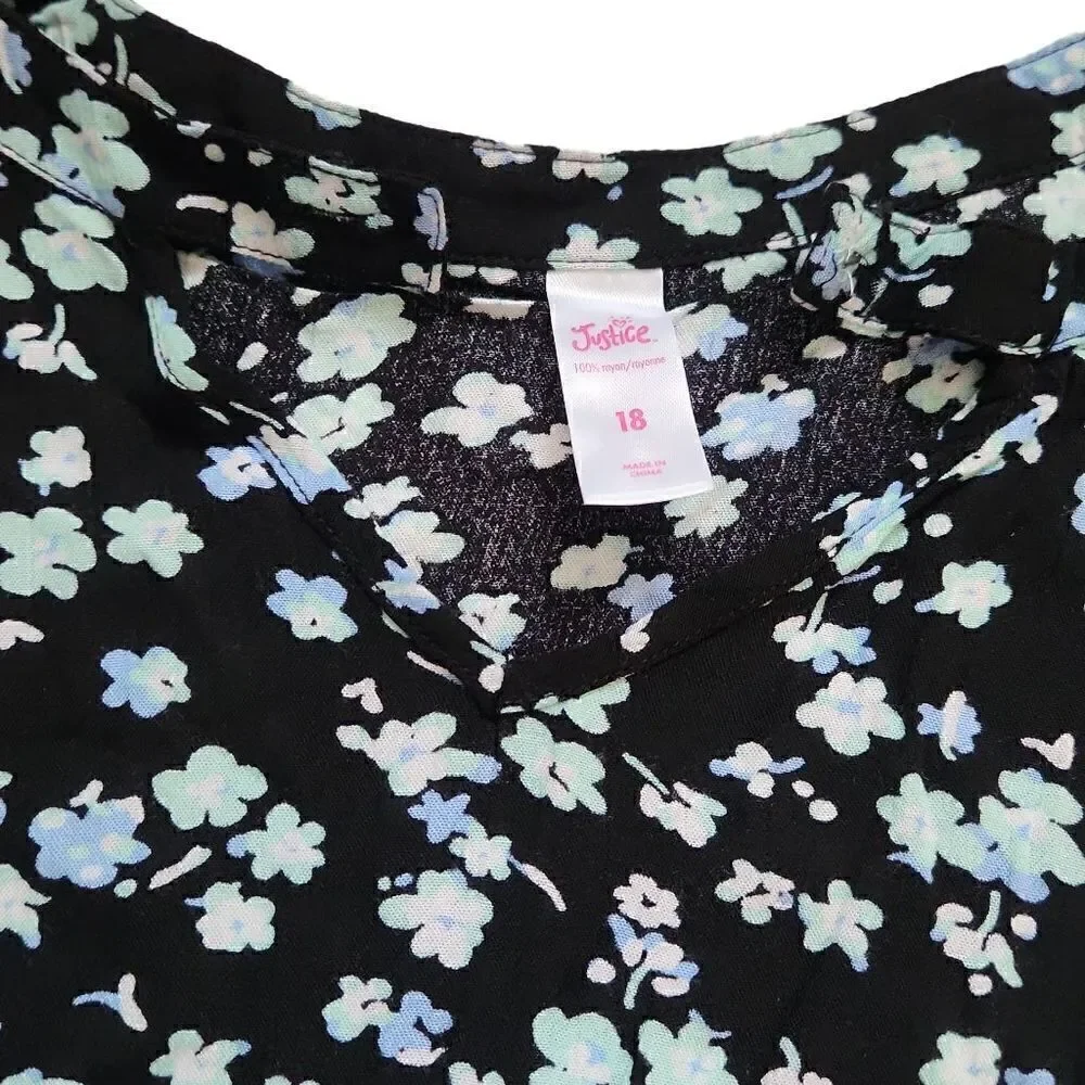 Justice Girls Size 18 Black Blue Floral Ruffle Sleeve Blouse